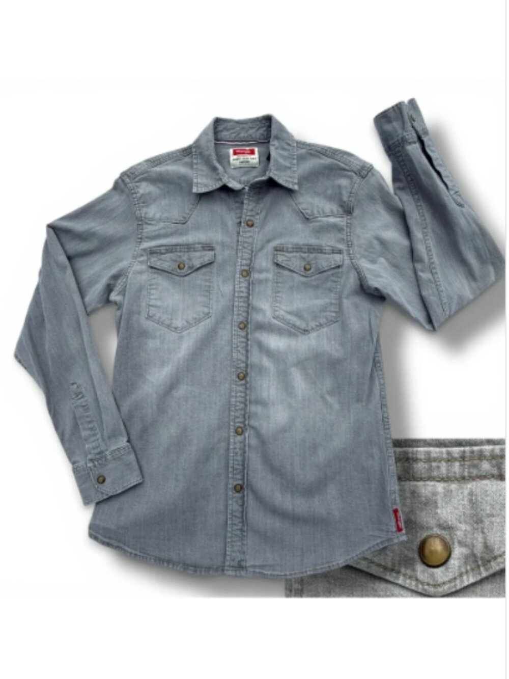 Wrangler Grey Denim Pearl Snap Shirt Jacket Mens S Shacket Western Cowboy Workwe
